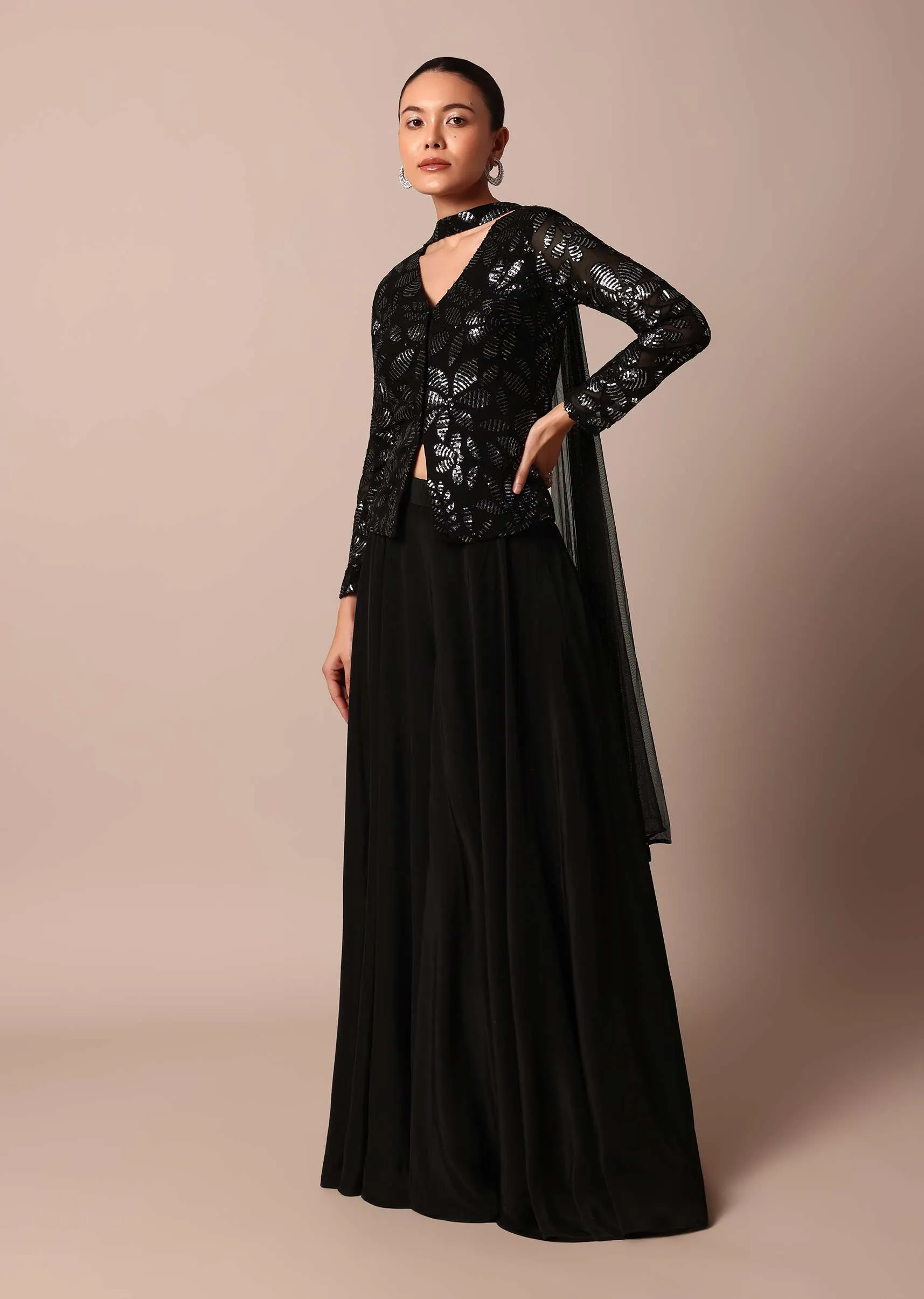 Elegant Black Sequin Palazzo Suit Set