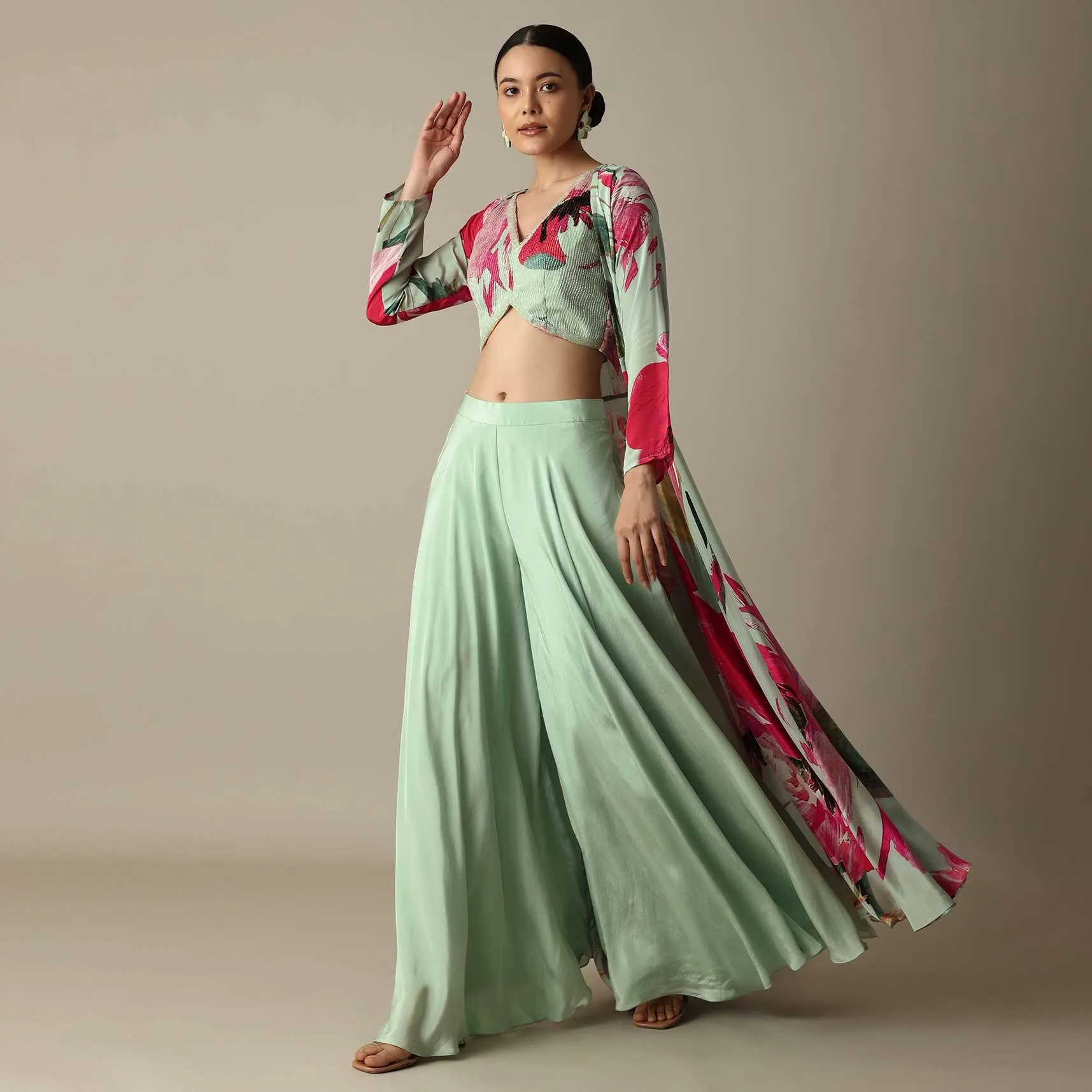 Elegant Pista Green Silk Palazzo Set With Exquisite Prints
