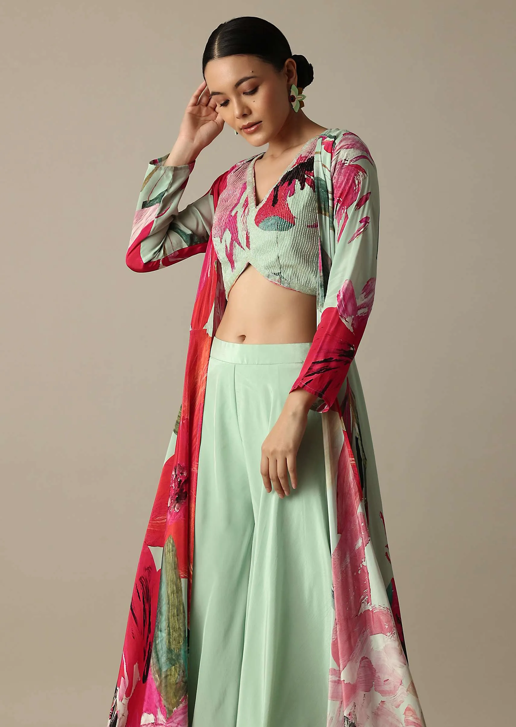 Elegant Pista Green Silk Palazzo Set With Exquisite Prints