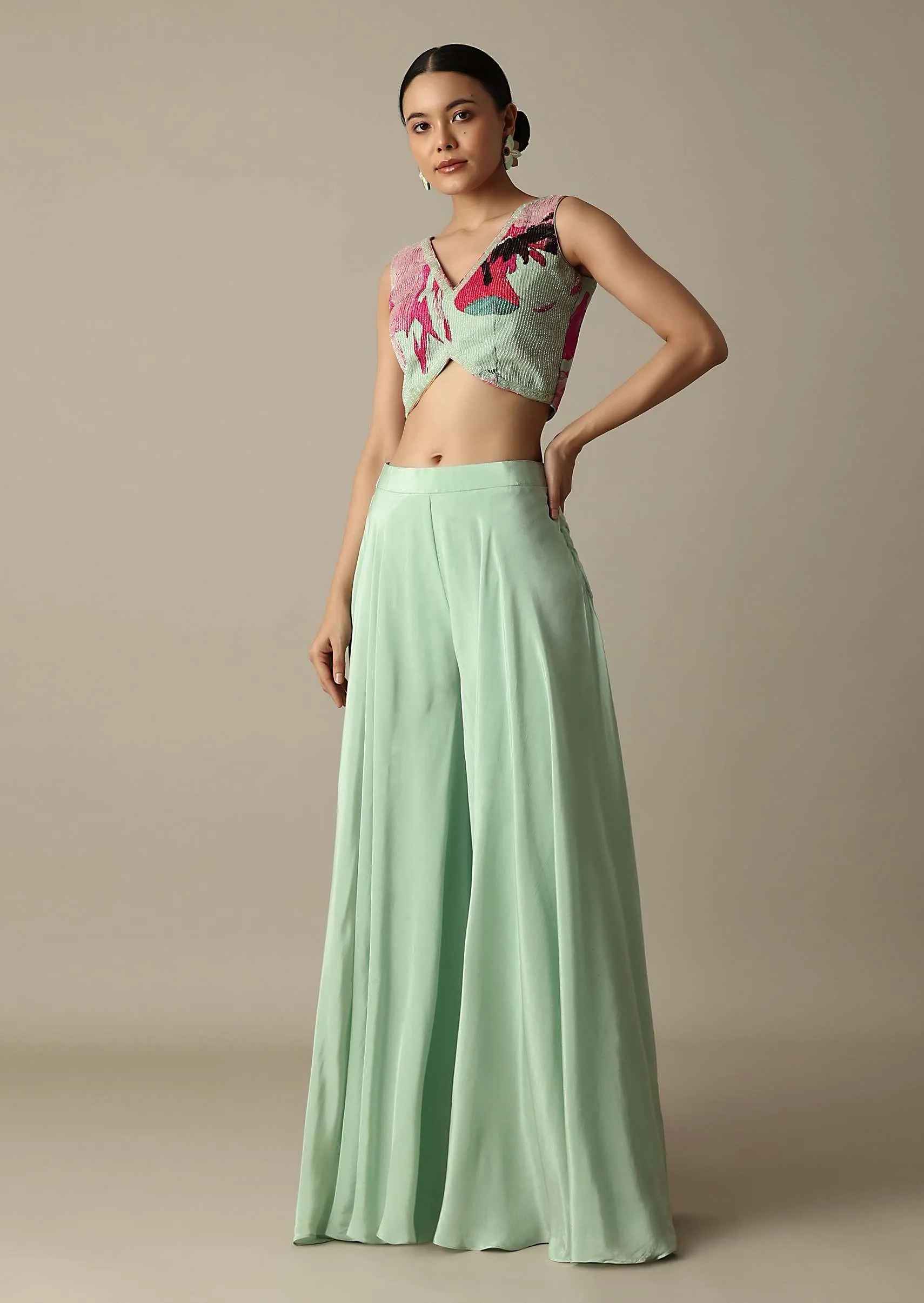 Elegant Pista Green Silk Palazzo Set With Exquisite Prints