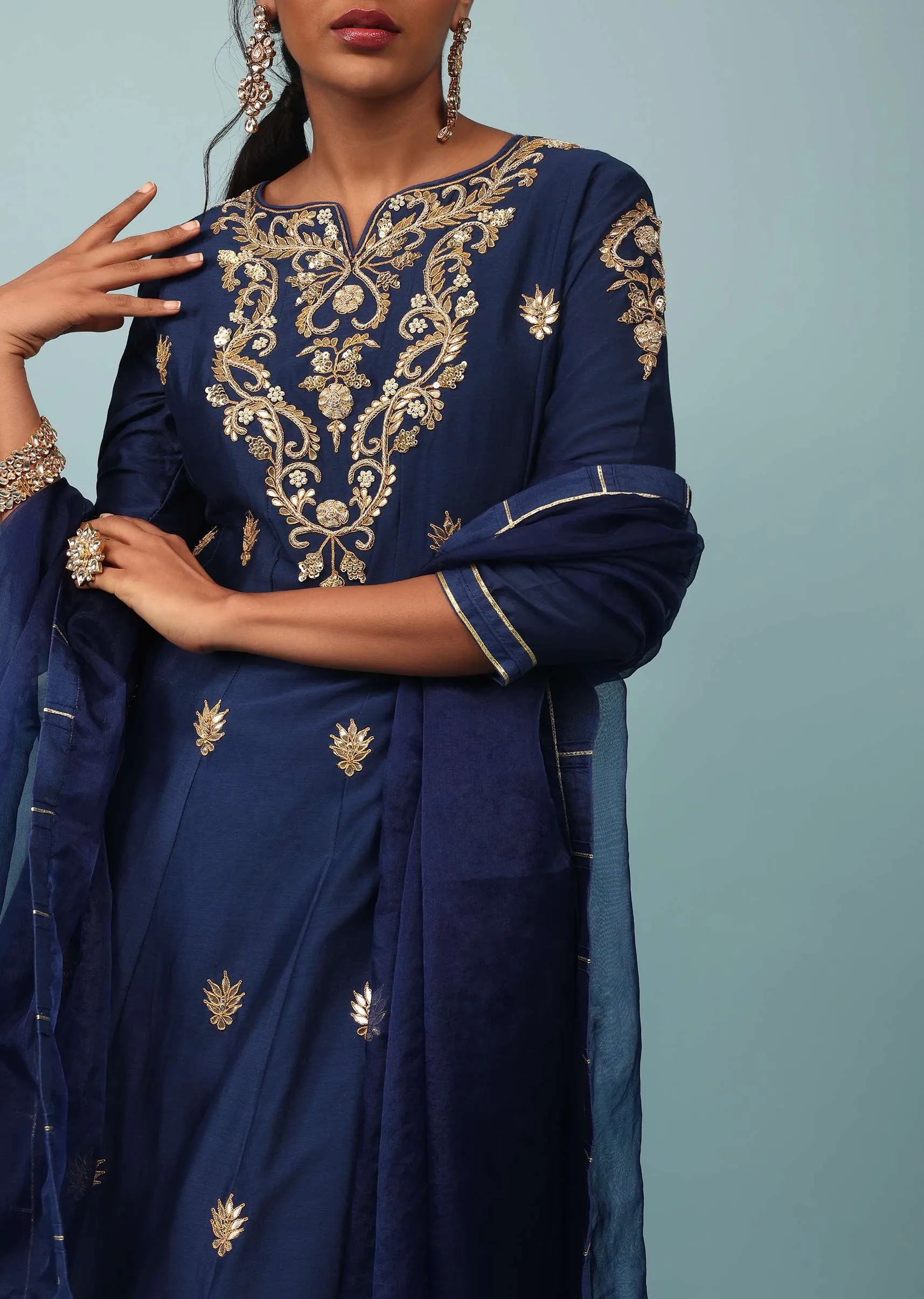 Estate Blue Embroidered Palazzo Suit Set In Cotton Silk