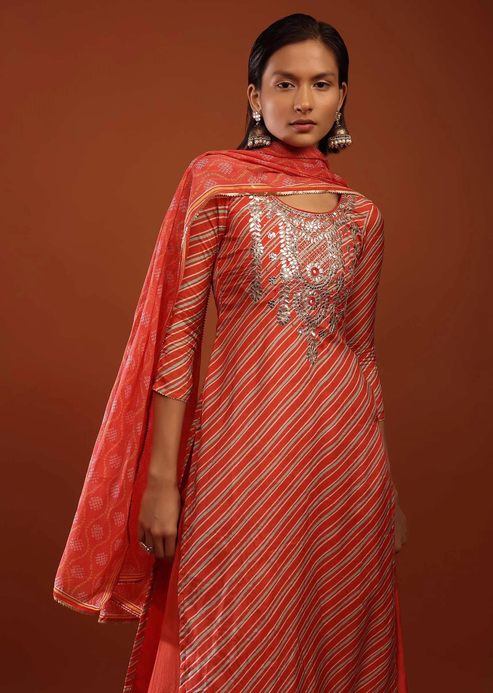 Fire Orange Straight Cut Palazzo Suit With Lehariya Print And Gota Embrodiery