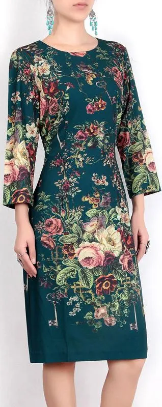 Floral & Key Print Sheath Dress, Black or Dark Green