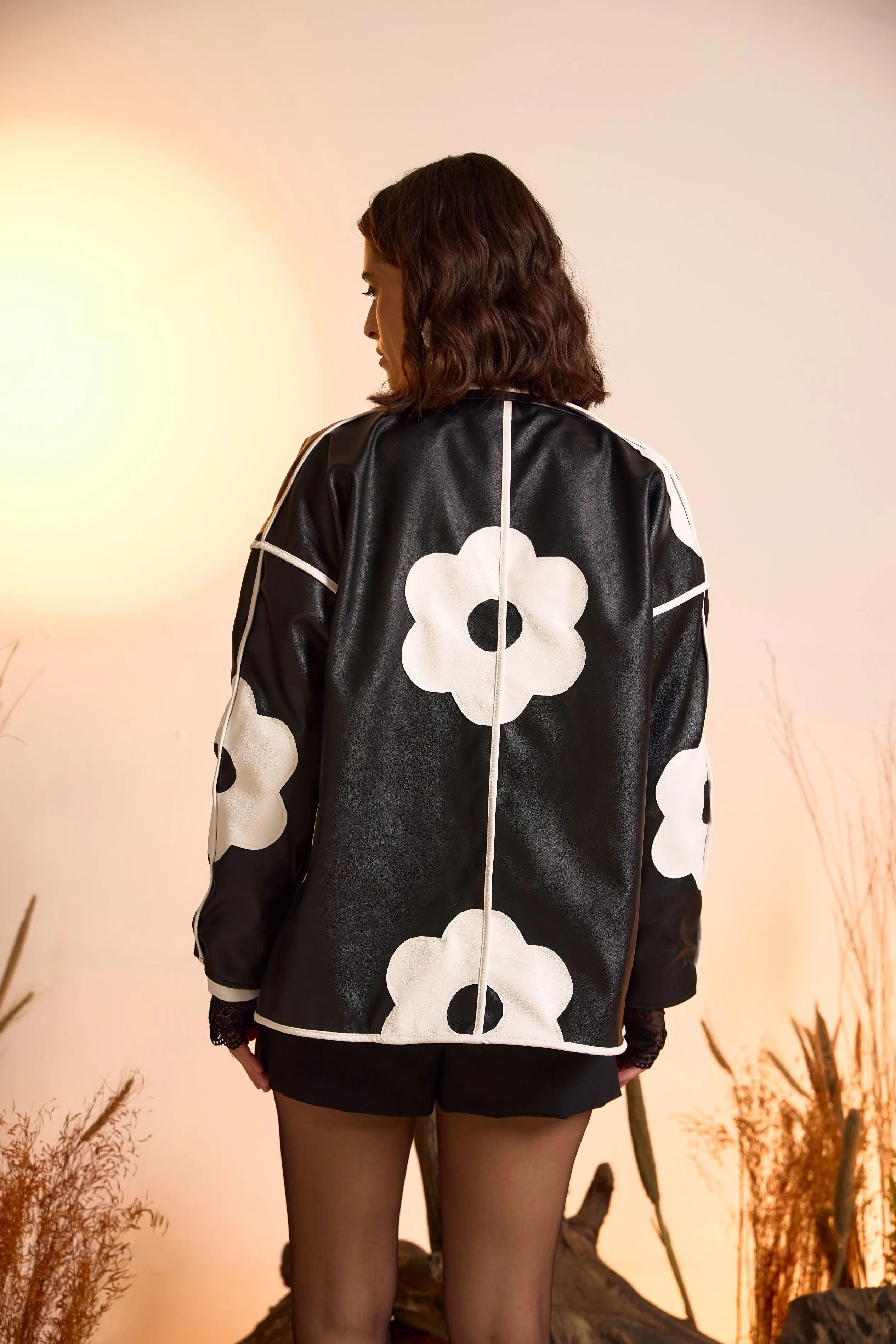 Flower Applique Faux Leather Jacket