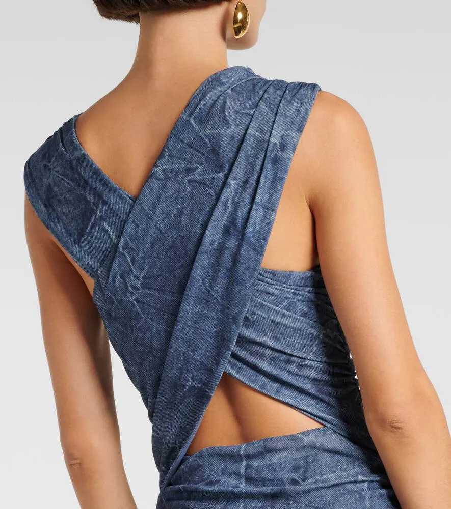 Ganni Printed ruched mesh maxi dress