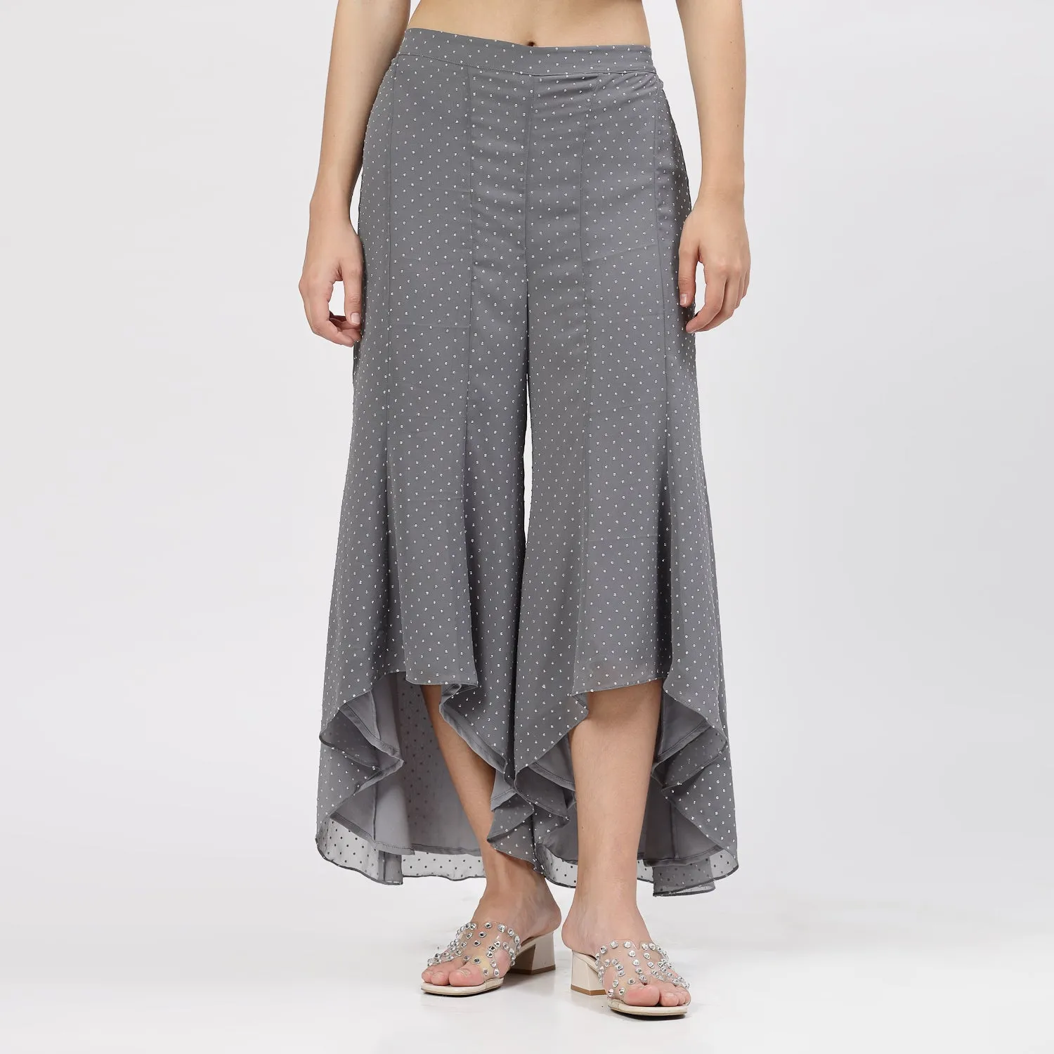 Grey Georgette Asymmetrical Plazzo with Silver Dots