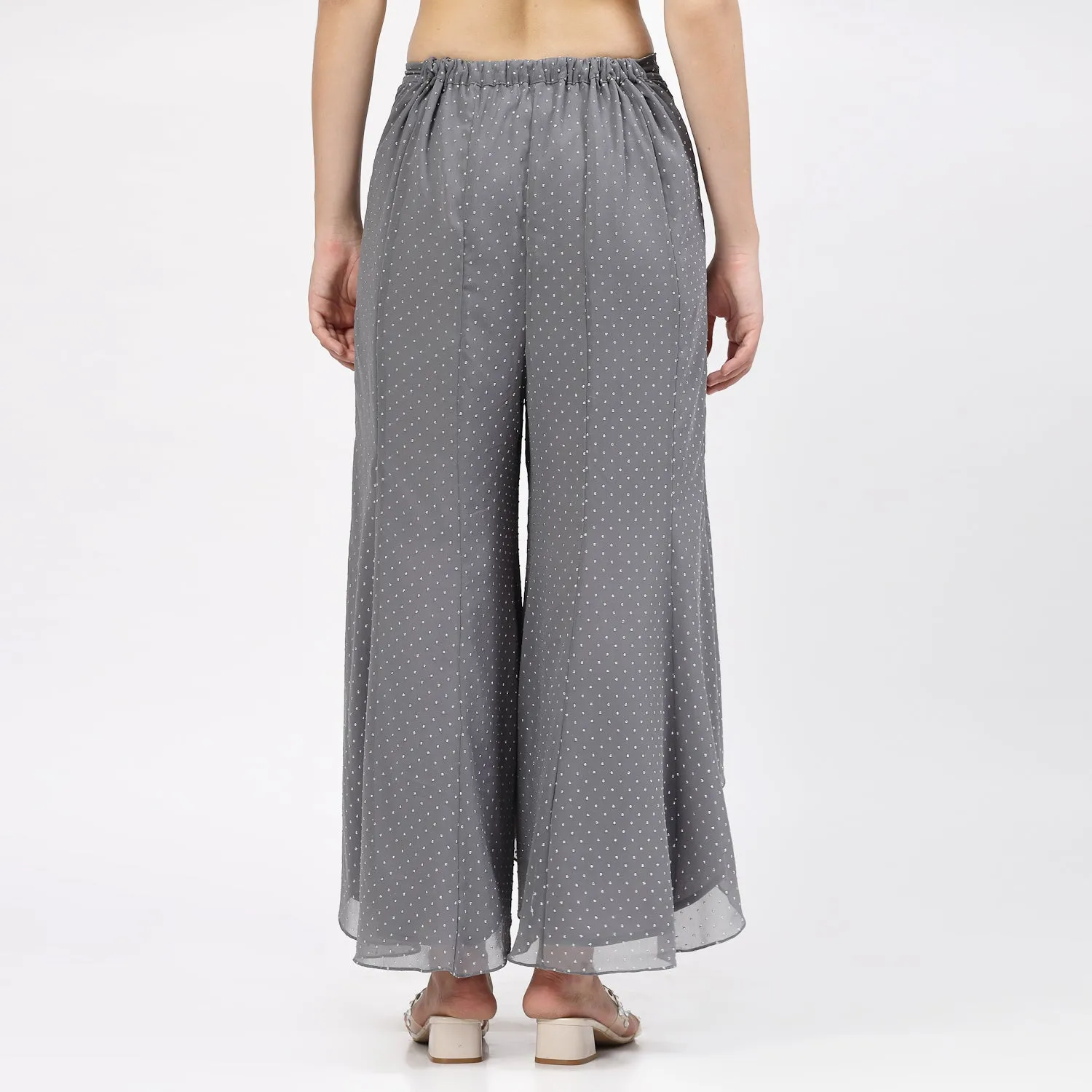 Grey Georgette Asymmetrical Plazzo with Silver Dots