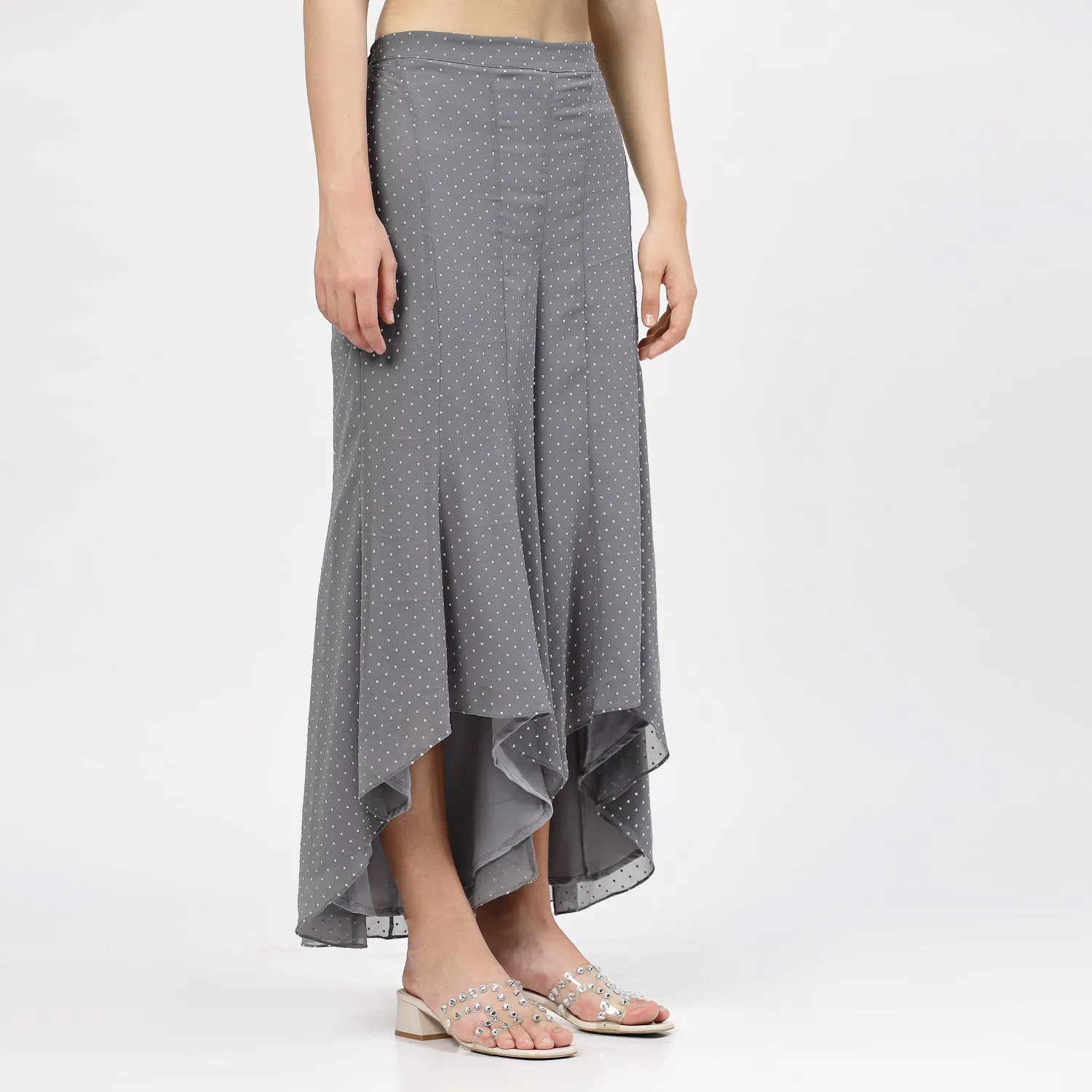 Grey Georgette Asymmetrical Plazzo with Silver Dots