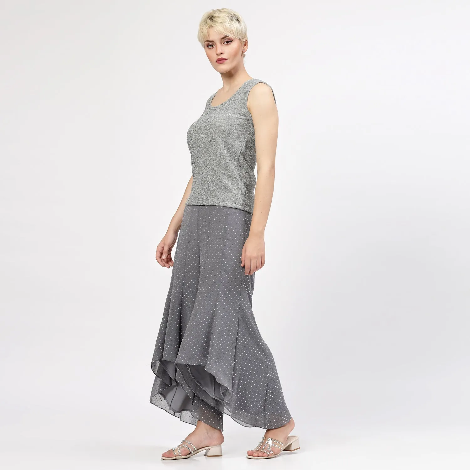 Grey Georgette Asymmetrical Plazzo with Silver Dots