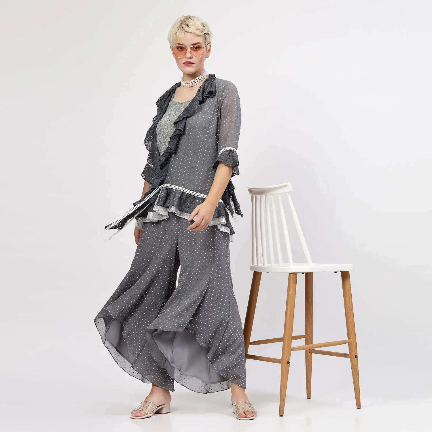 Grey Georgette Asymmetrical Plazzo with Silver Dots