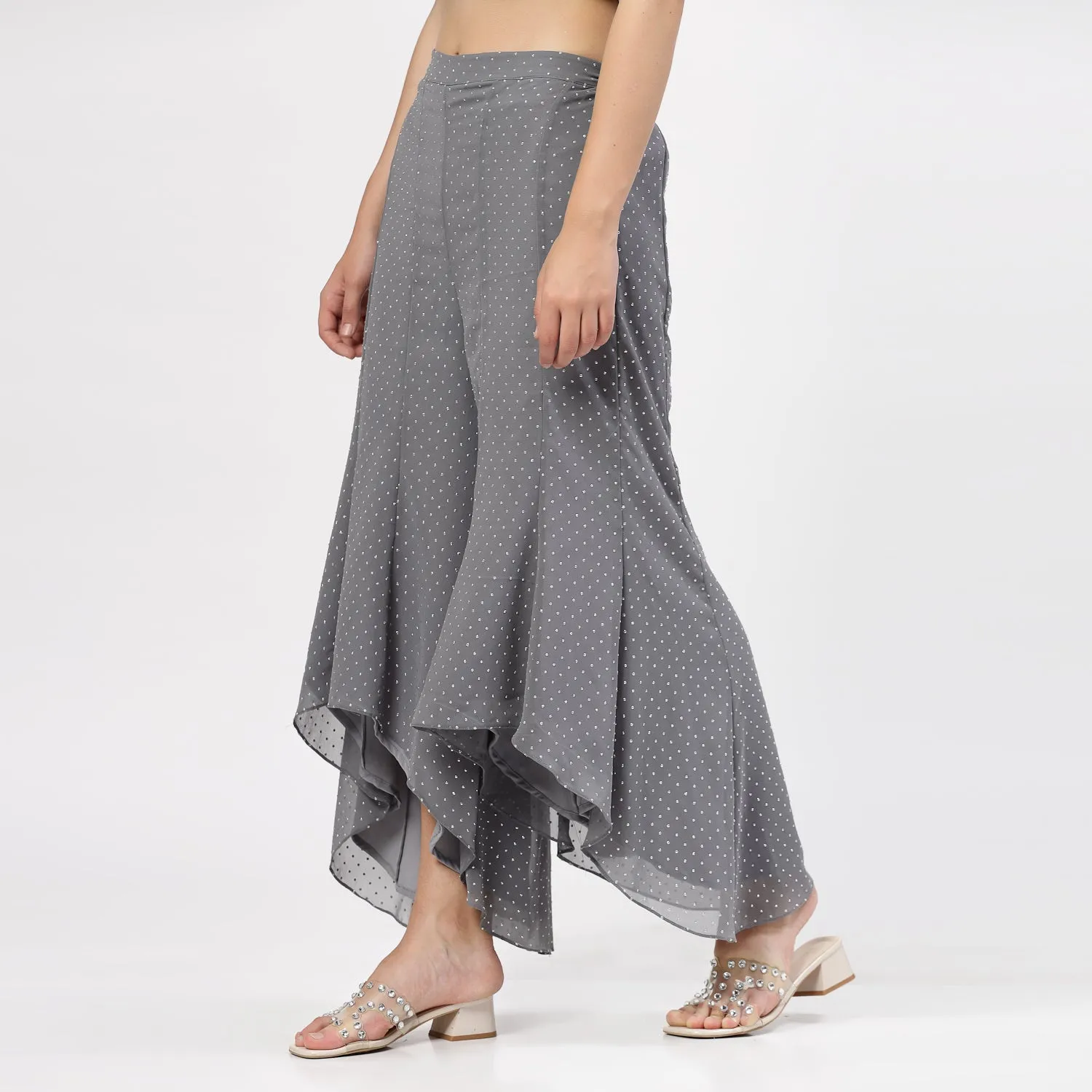 Grey Georgette Asymmetrical Plazzo with Silver Dots