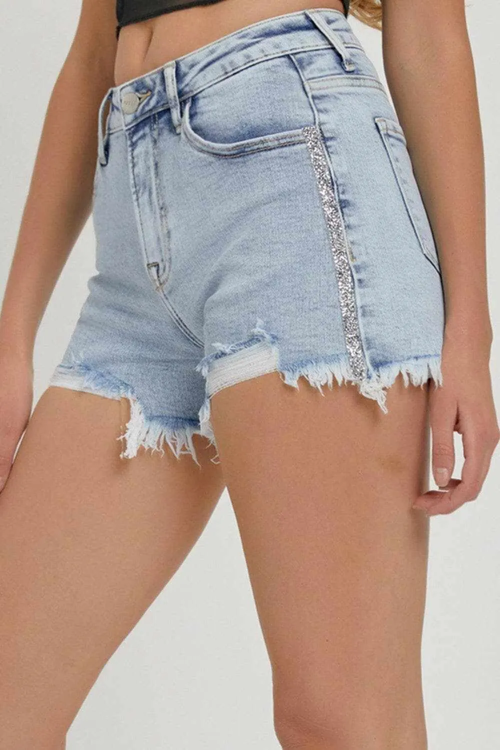 High rise rhinestone denim shorts