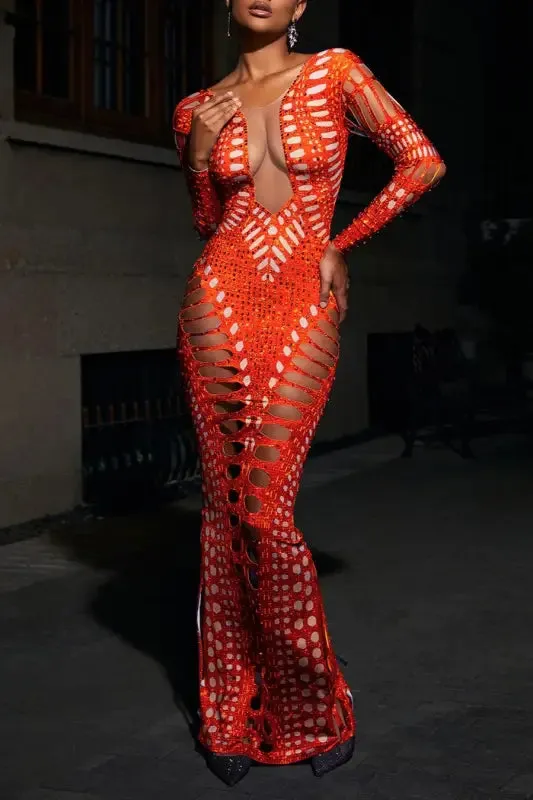 High Slit Diamond Cut Rhinestone Maxi Dress (S-2XL)