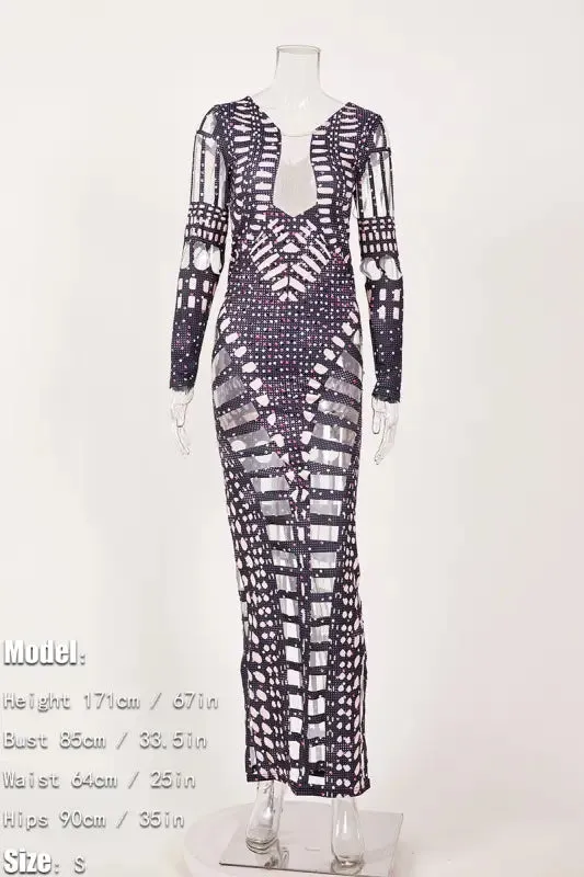 High Slit Diamond Cut Rhinestone Maxi Dress (S-2XL)