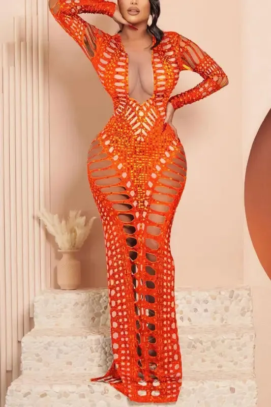 High Slit Diamond Cut Rhinestone Maxi Dress (S-2XL)