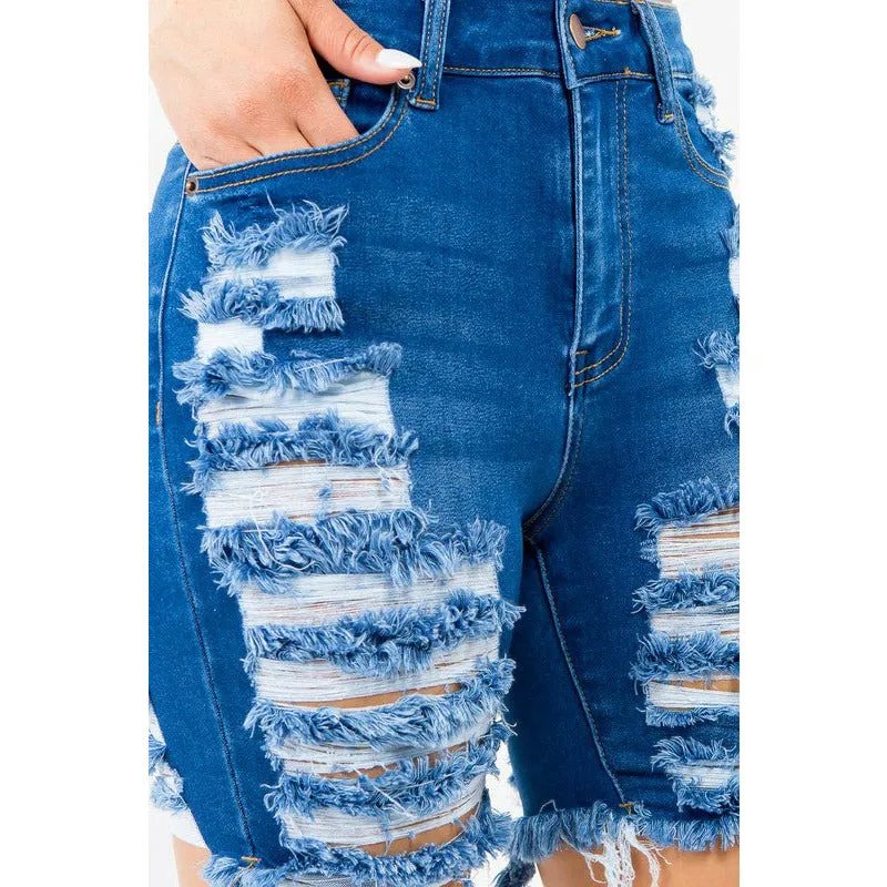 HIGH WAIST DISTRESSED THIGHS DENIM SHORTS