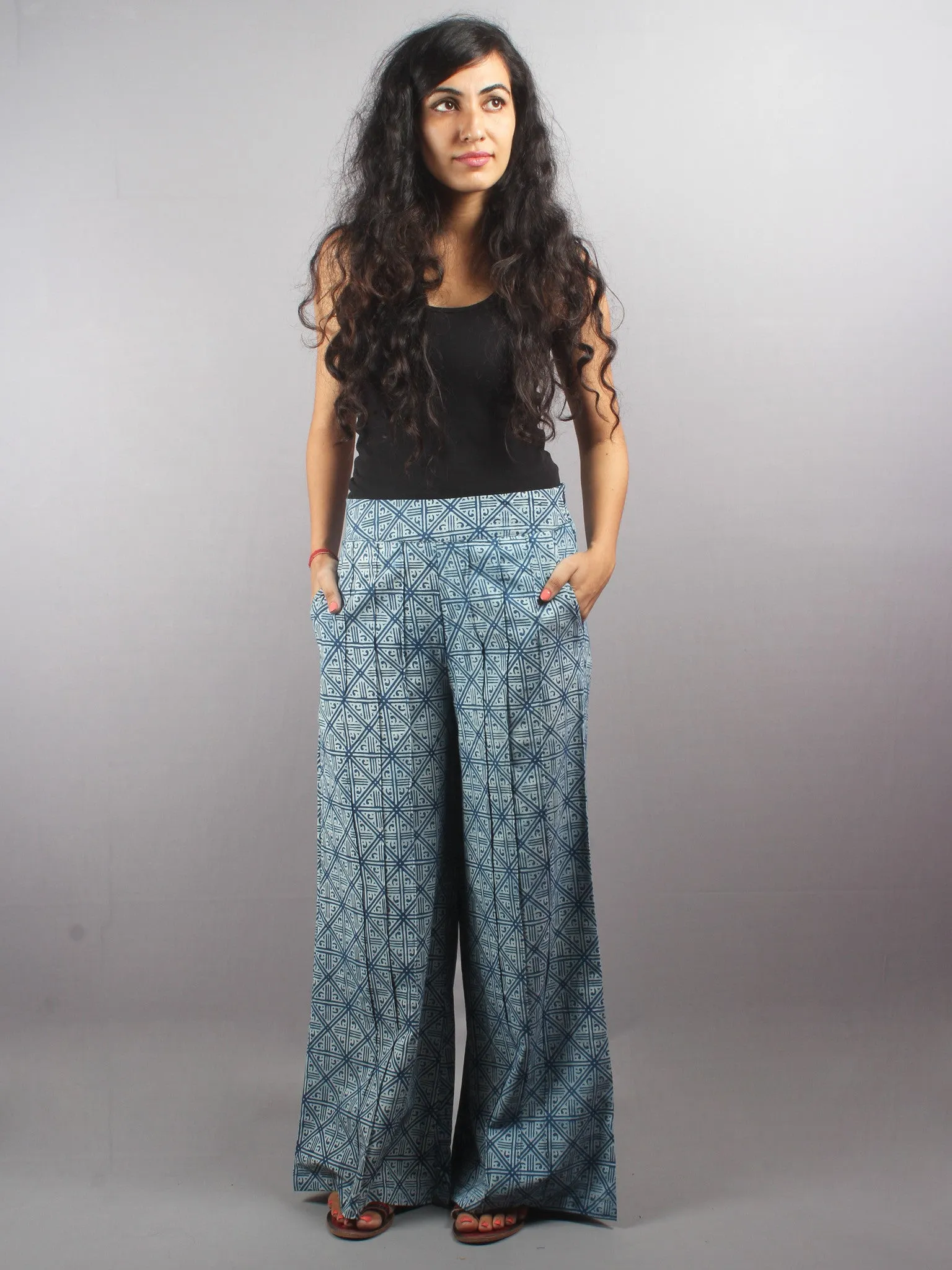 Indigo Hand Block Printed Elasticated Waist Pleated Cotton Palazzo - P1117017