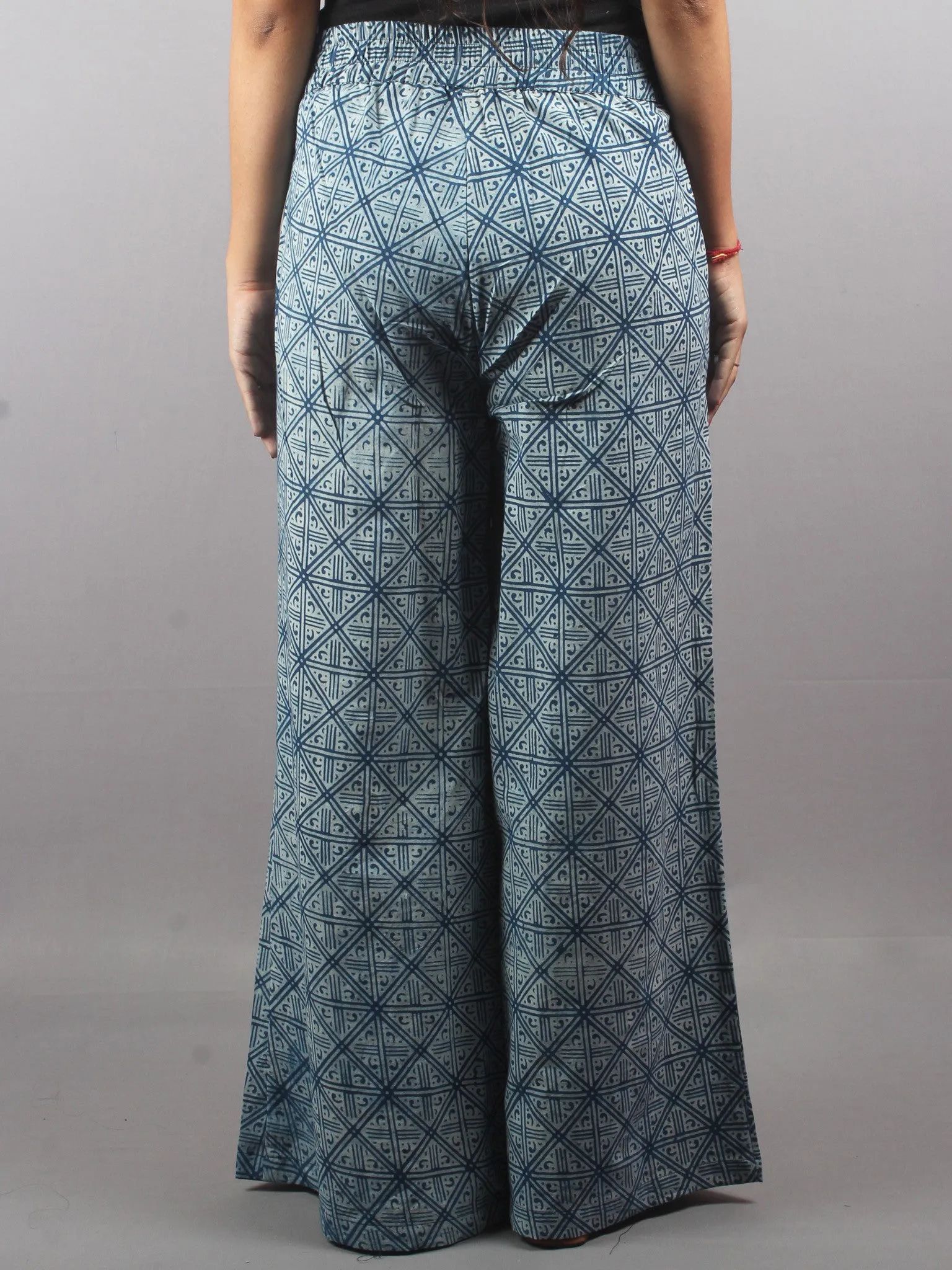 Indigo Hand Block Printed Elasticated Waist Pleated Cotton Palazzo - P1117017