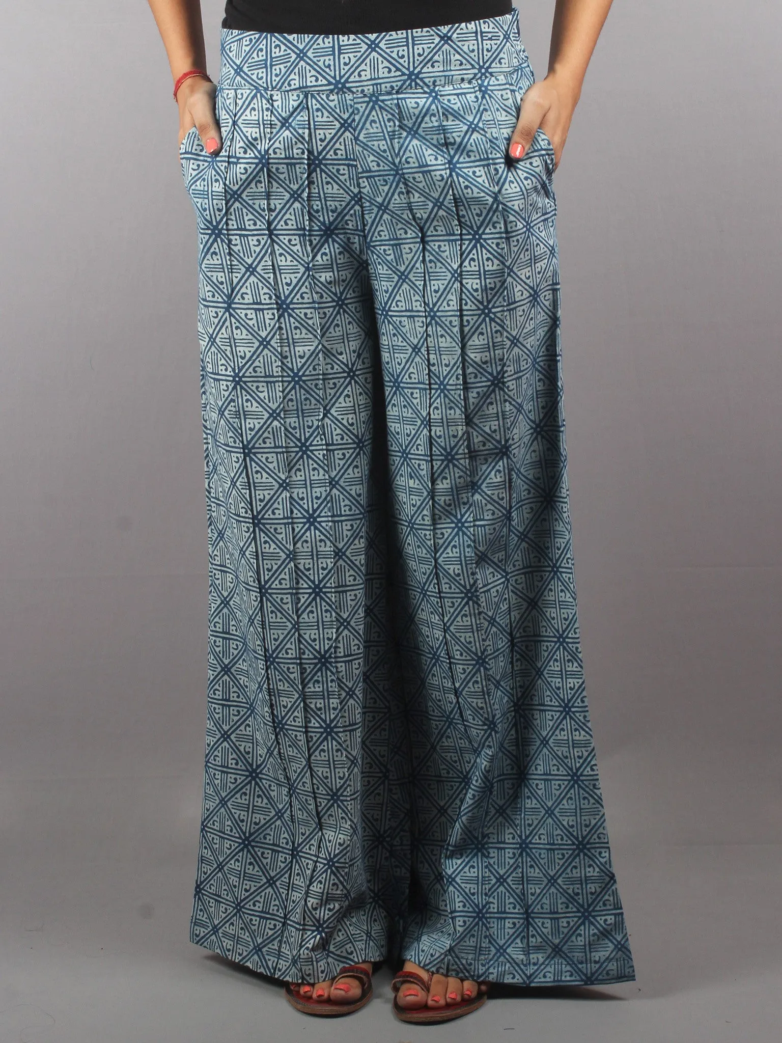 Indigo Hand Block Printed Elasticated Waist Pleated Cotton Palazzo - P1117017