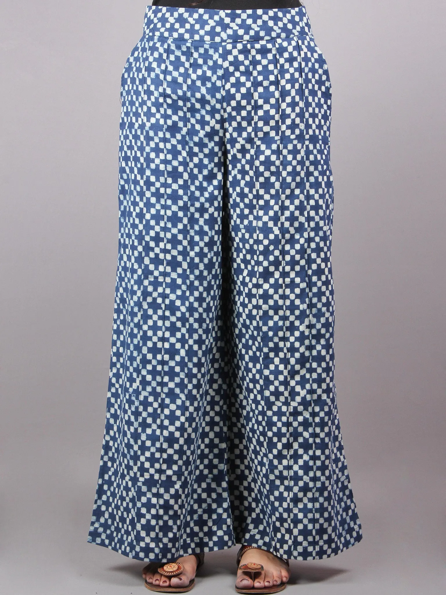 Indigo Hand Block Printed Elasticated Waist Pleated Cotton Palazzo - P1117049