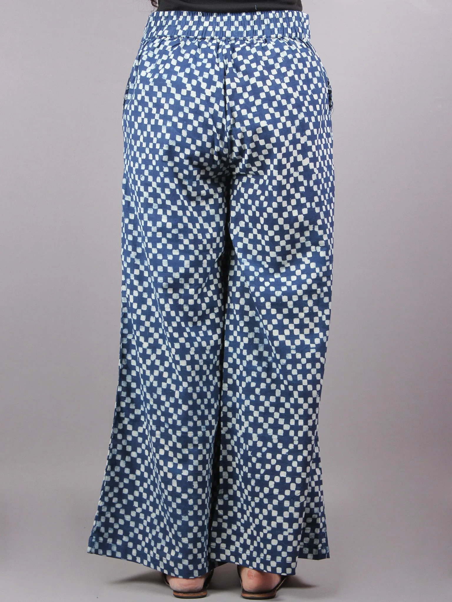 Indigo Hand Block Printed Elasticated Waist Pleated Cotton Palazzo - P1117049