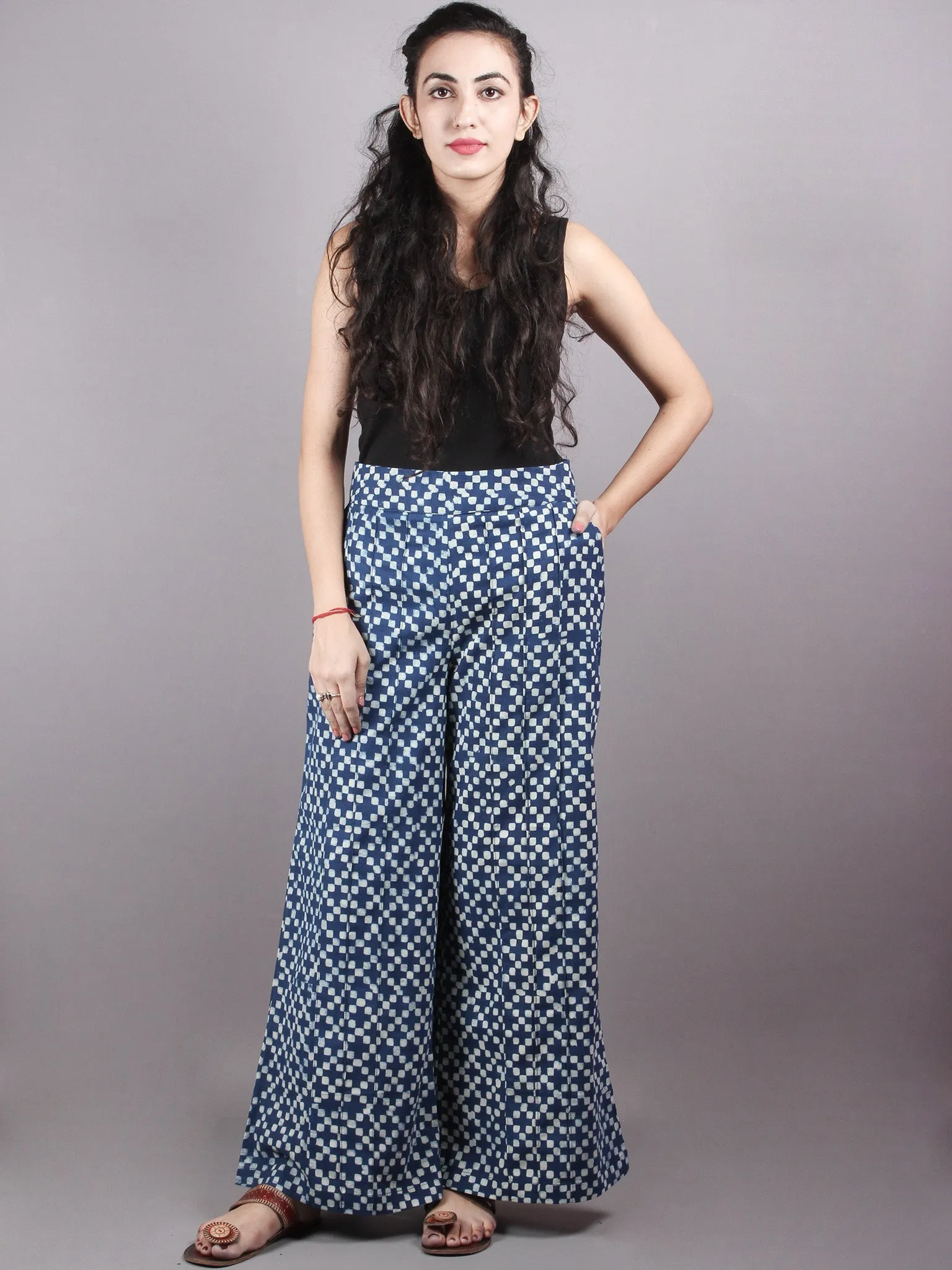 Indigo Hand Block Printed Elasticated Waist Pleated Cotton Palazzo - P1117049