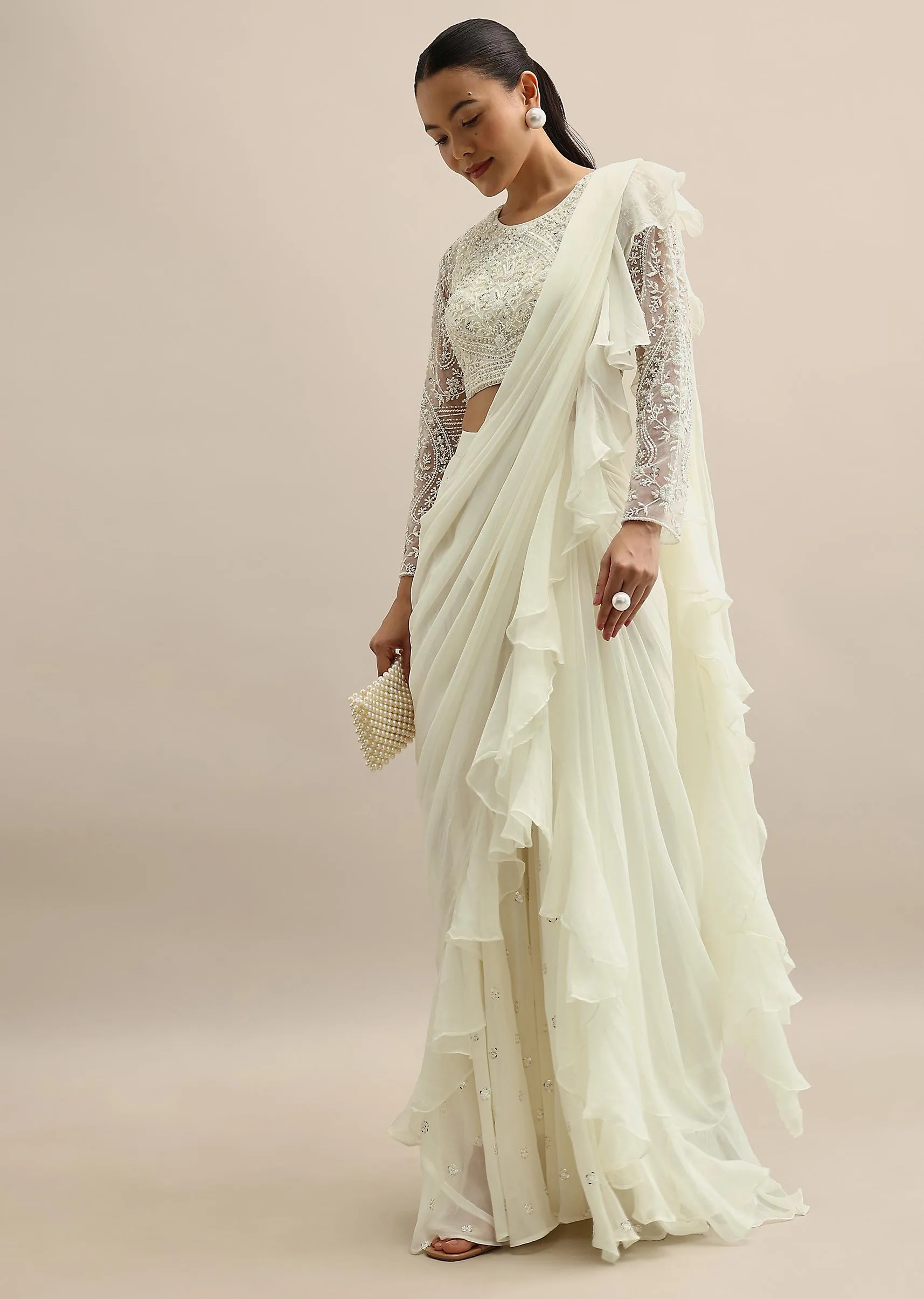 Ivory Blouse And Draped Palazzo Set