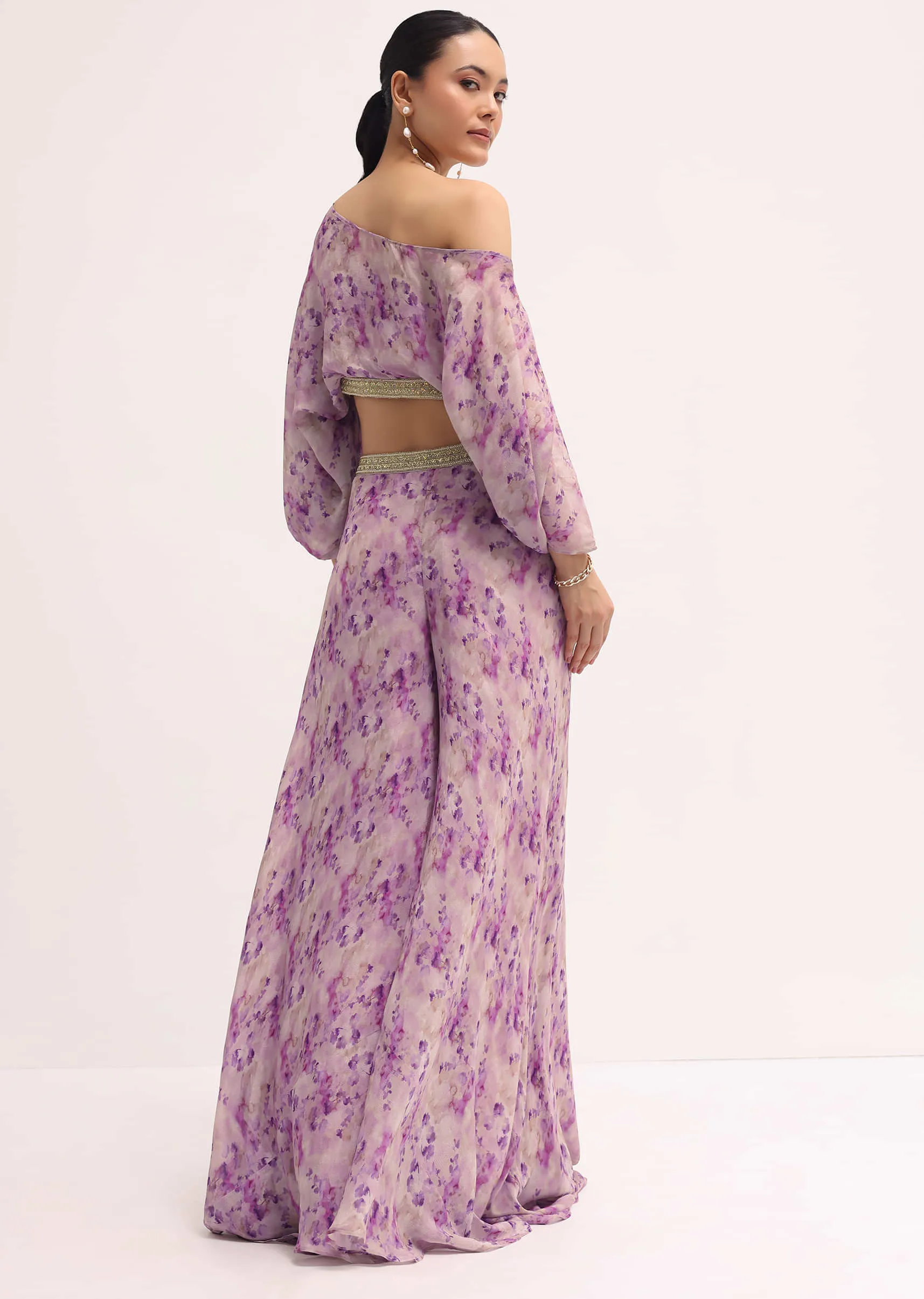 Lavender Printed Chiffon Crop Top And Palazzo