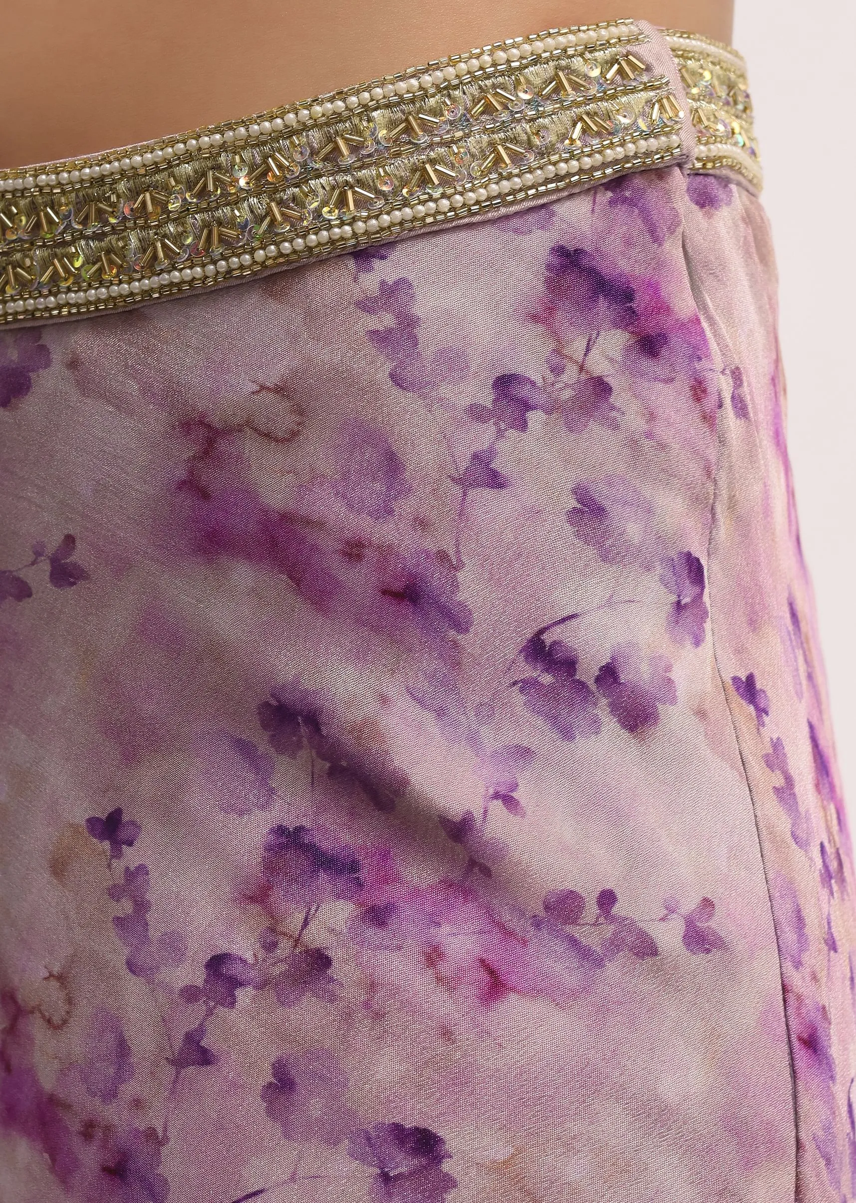 Lavender Printed Chiffon Crop Top And Palazzo