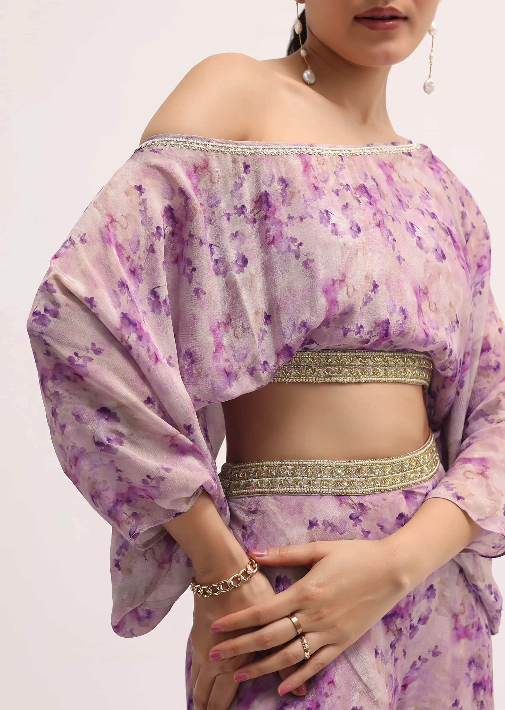 Lavender Printed Chiffon Crop Top And Palazzo