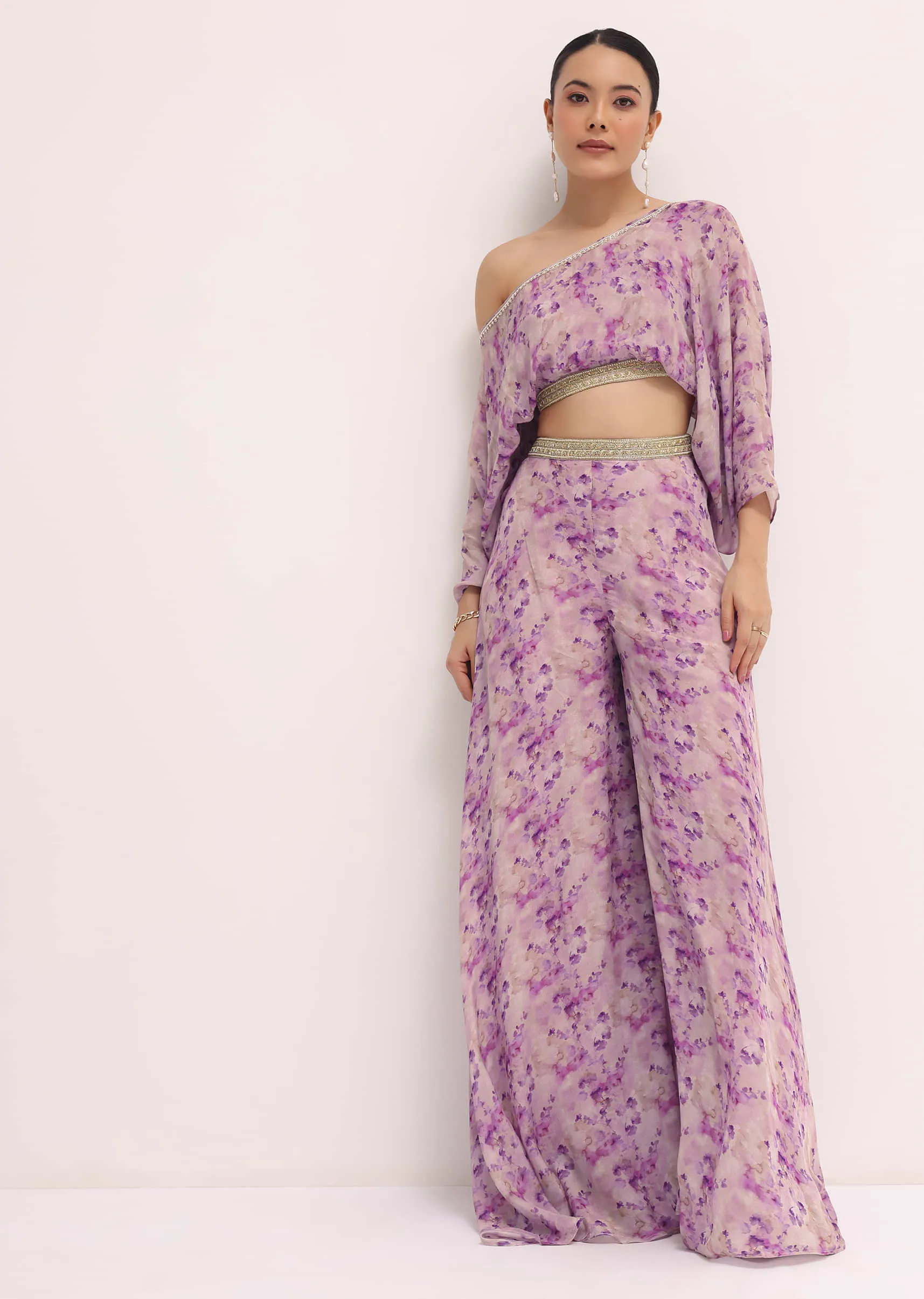 Lavender Printed Chiffon Crop Top And Palazzo