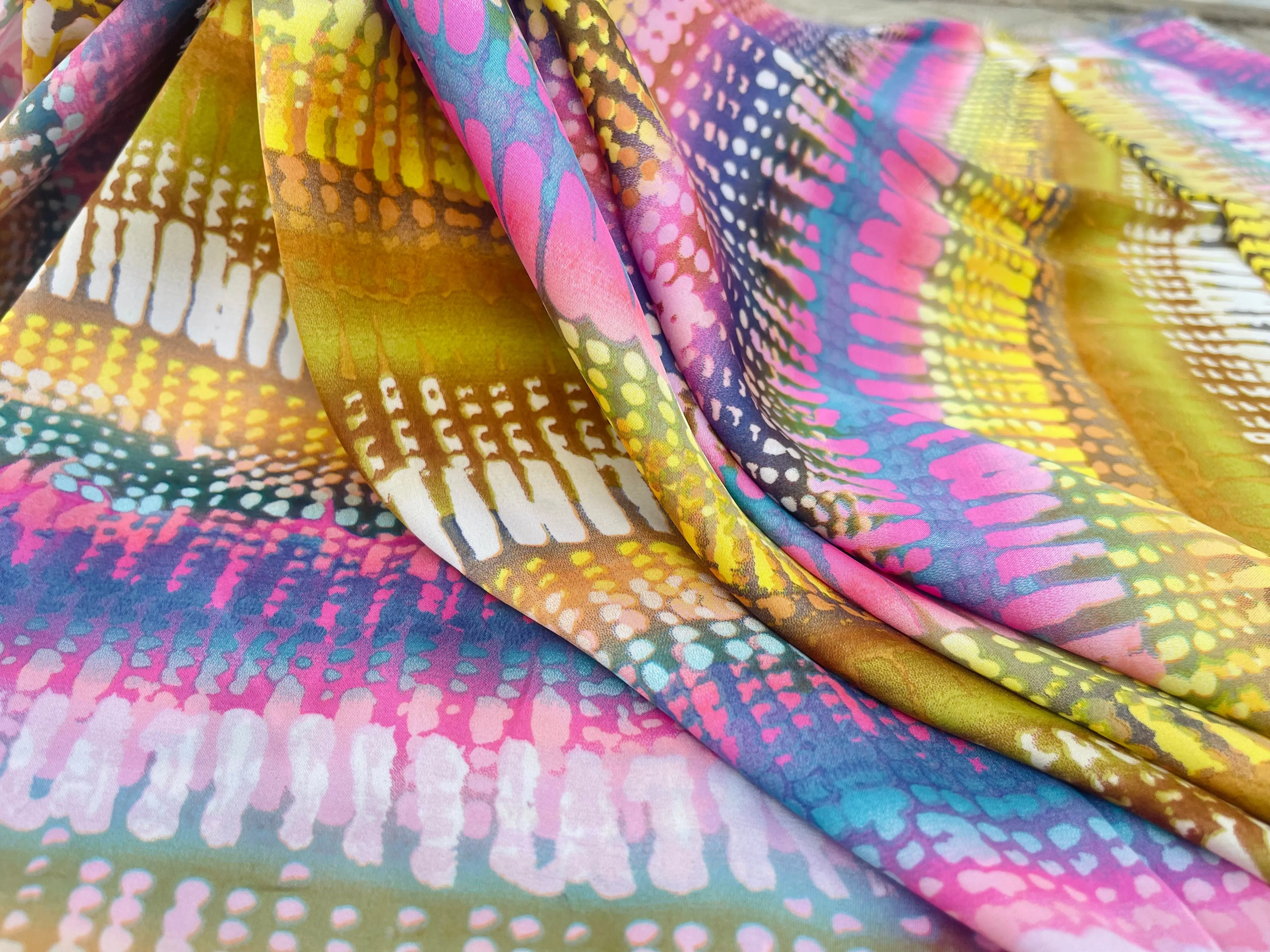 Lightweight  satin  fabric by the yard - Lavender yellow striped print