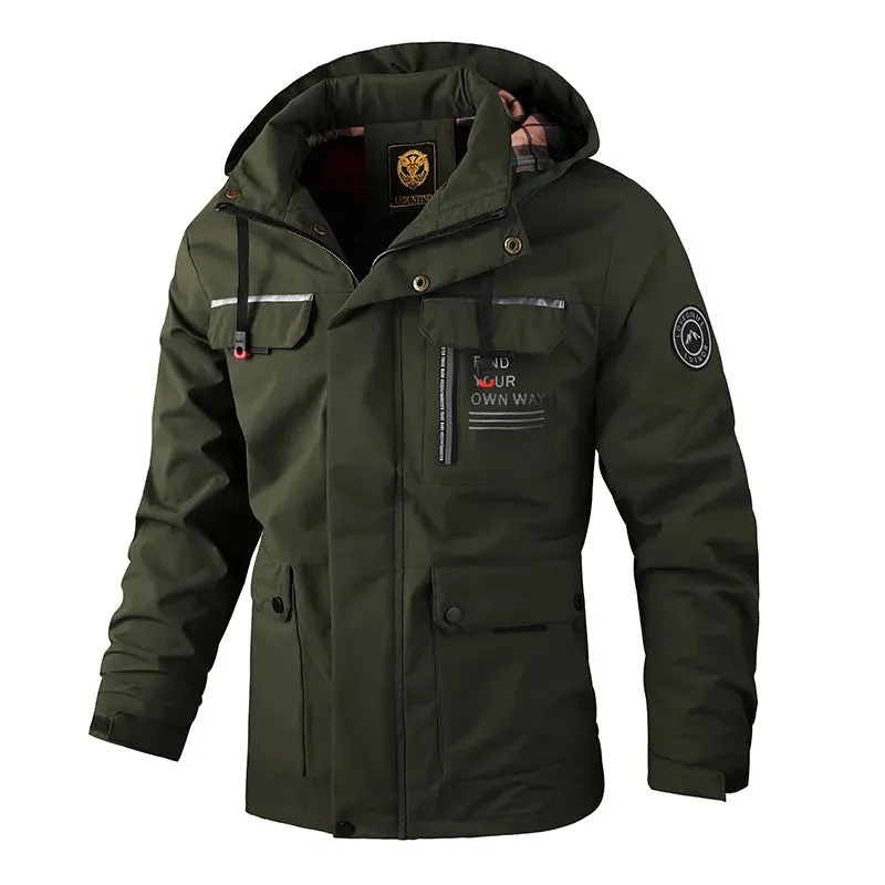 Men's Casual Windbreaker Hooded Jacket Waterproof Outdoor Warm Winter Thick Fleece Coat