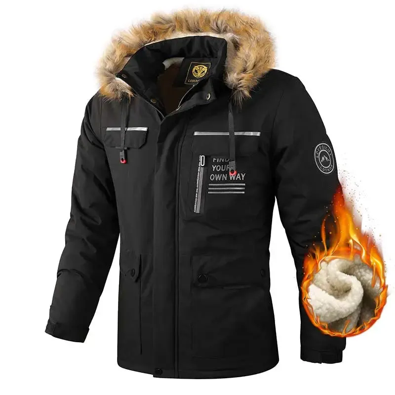 Men's Casual Windbreaker Hooded Jacket Waterproof Outdoor Warm Winter Thick Fleece Coat