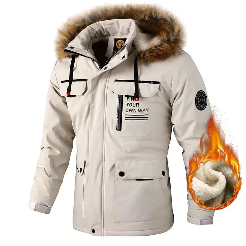 Men's Casual Windbreaker Hooded Jacket Waterproof Outdoor Warm Winter Thick Fleece Coat