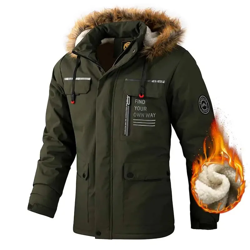 Men's Casual Windbreaker Hooded Jacket Waterproof Outdoor Warm Winter Thick Fleece Coat
