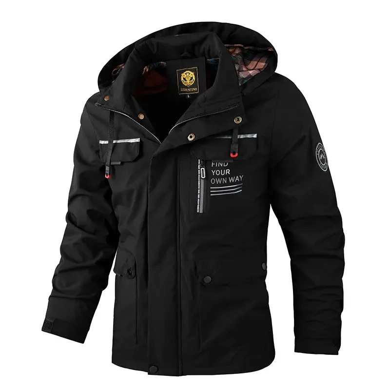 Men's Casual Windbreaker Hooded Jacket Waterproof Outdoor Warm Winter Thick Fleece Coat