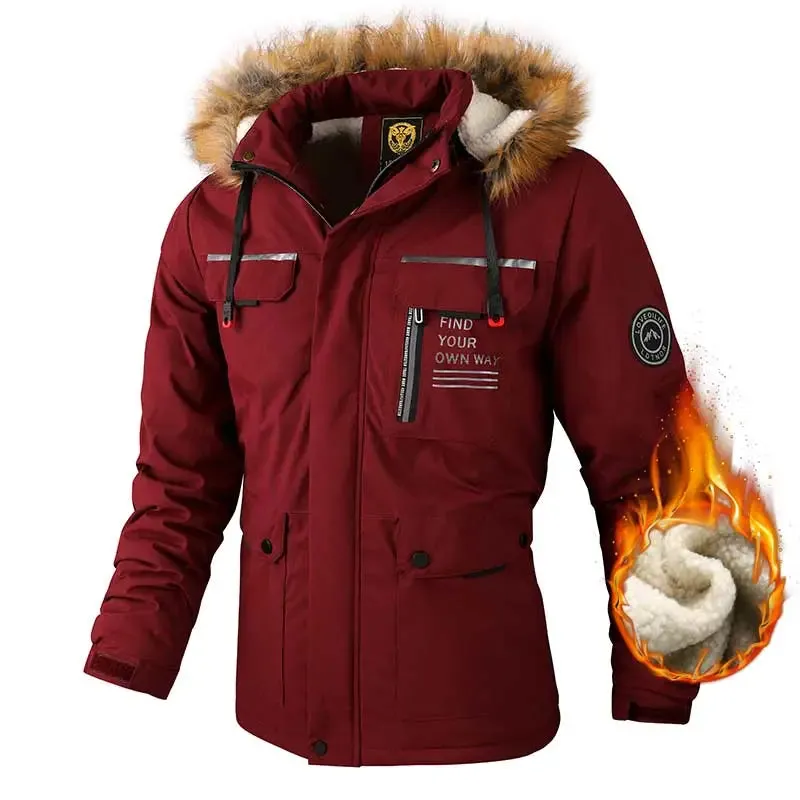 Men's Casual Windbreaker Hooded Jacket Waterproof Outdoor Warm Winter Thick Fleece Coat