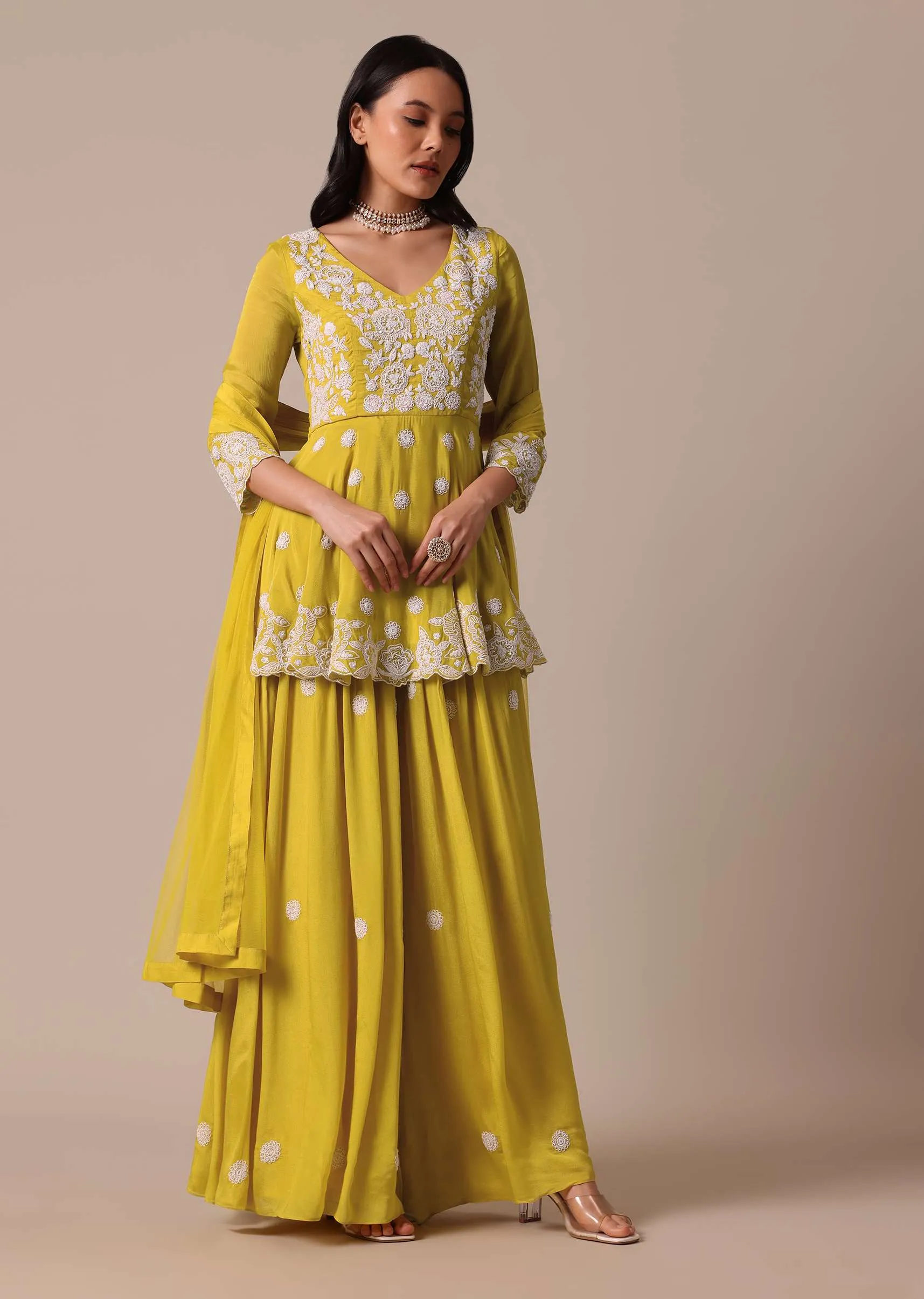 Mustard Yellow Chiffon Kurta Palazzo Set