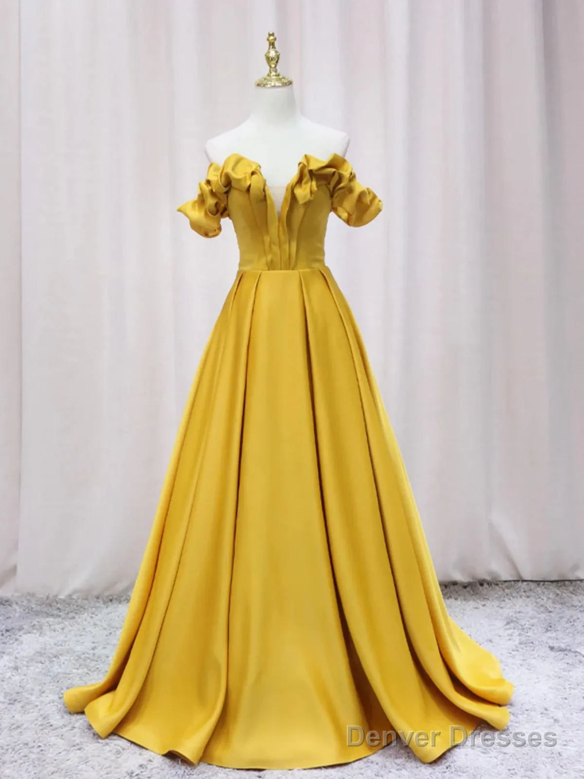 Off Shoulder V Neck Yellow Satin Long Prom Dresses, Off The Shoulder Yellow Formal Dresses, Yellow Evening Dresses