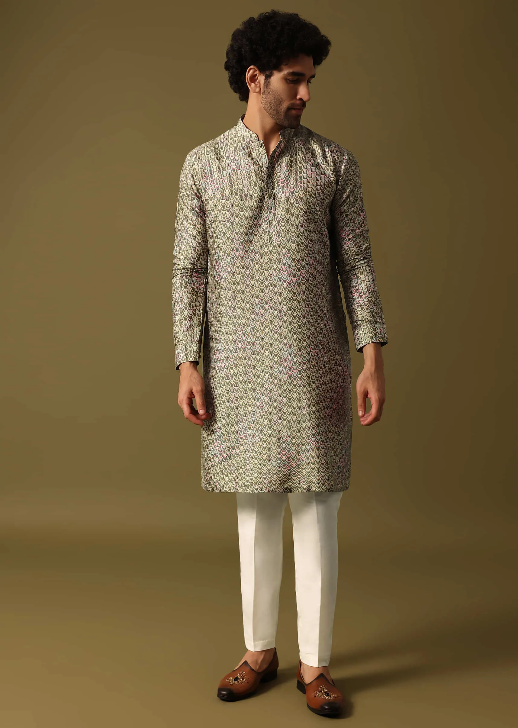 Olive Green Cutdana Embroidered Kurta Jacket Set For Men