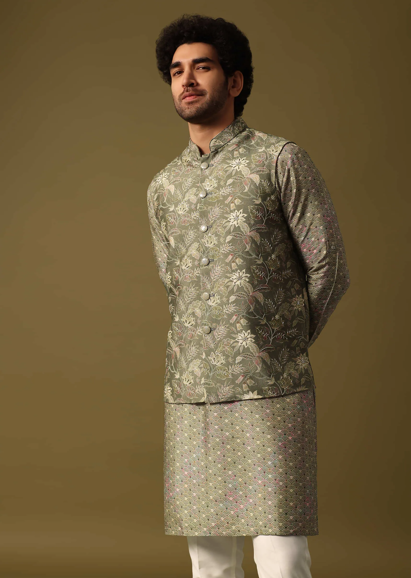 Olive Green Cutdana Embroidered Kurta Jacket Set For Men