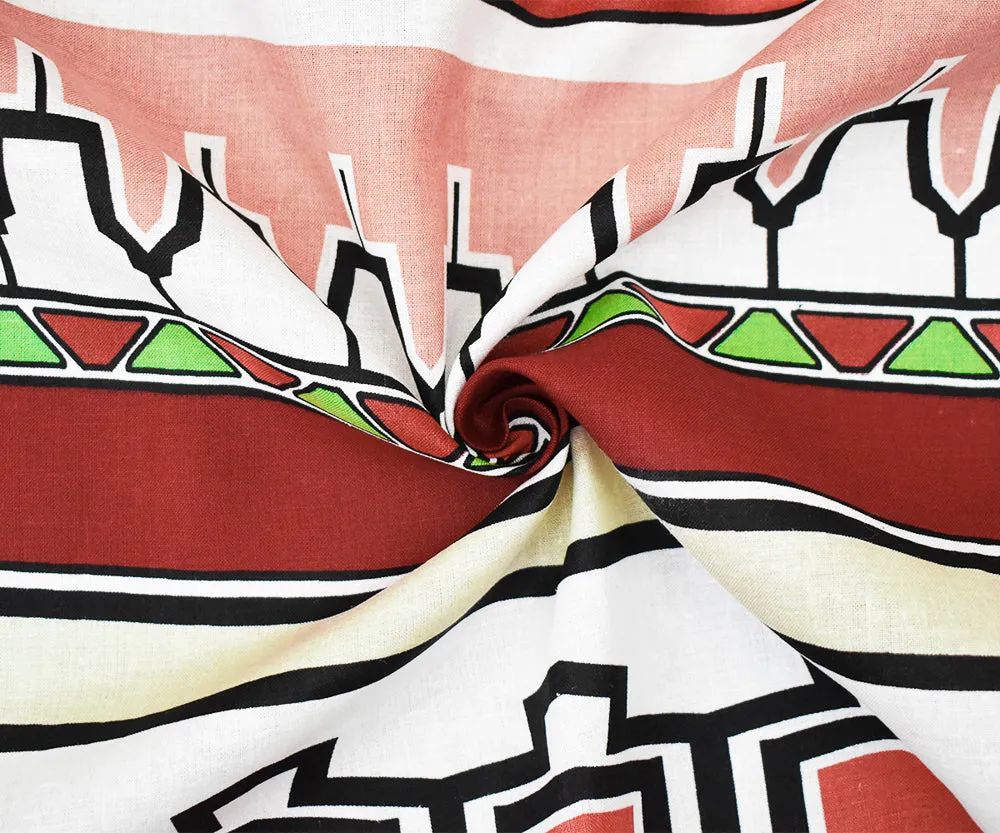 Red-Green-Multi Abstract Aztec Stripe Pattern Printed Linen Woven Fabric