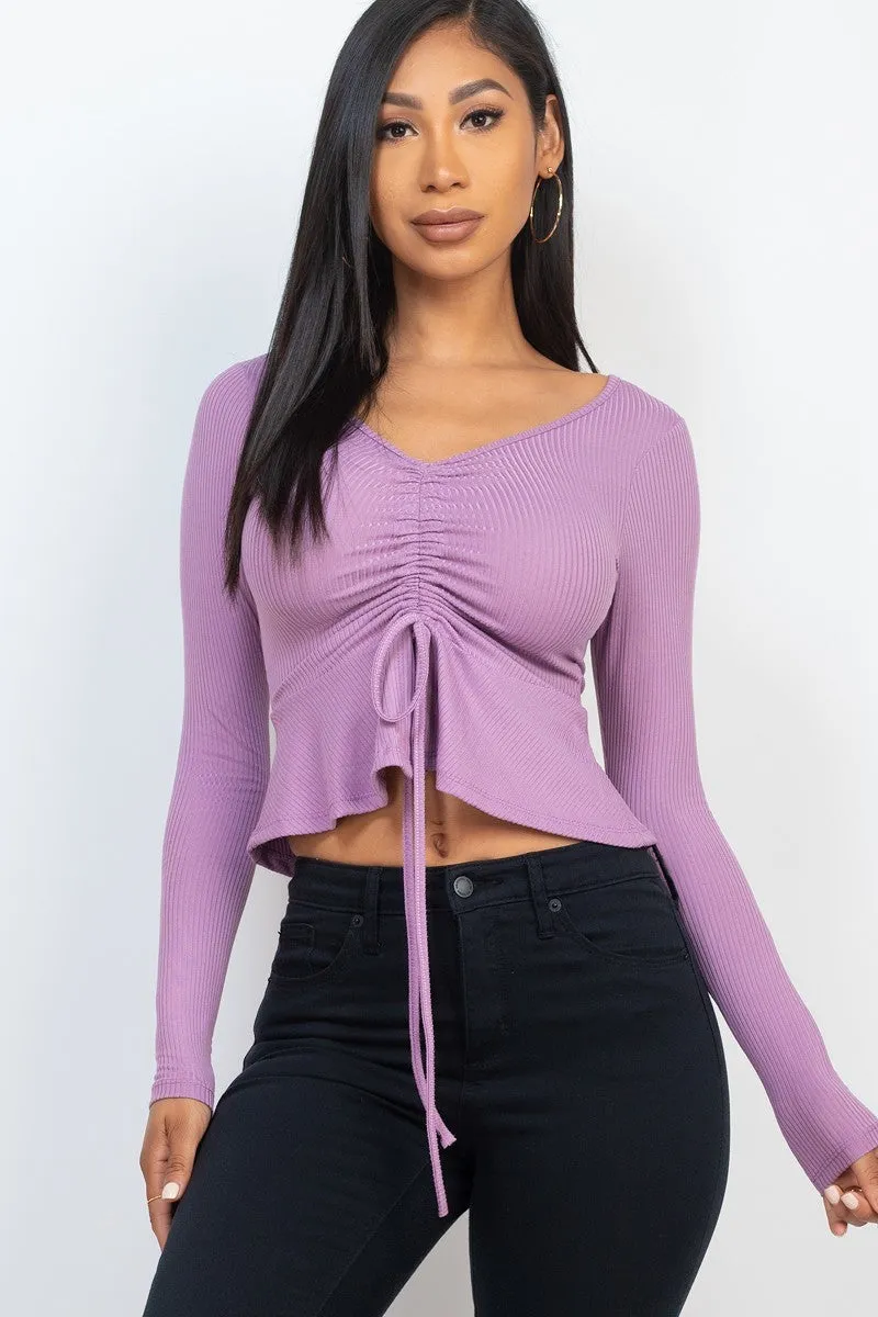 Ribbed Drawstring Long Sleeve Peplum Top