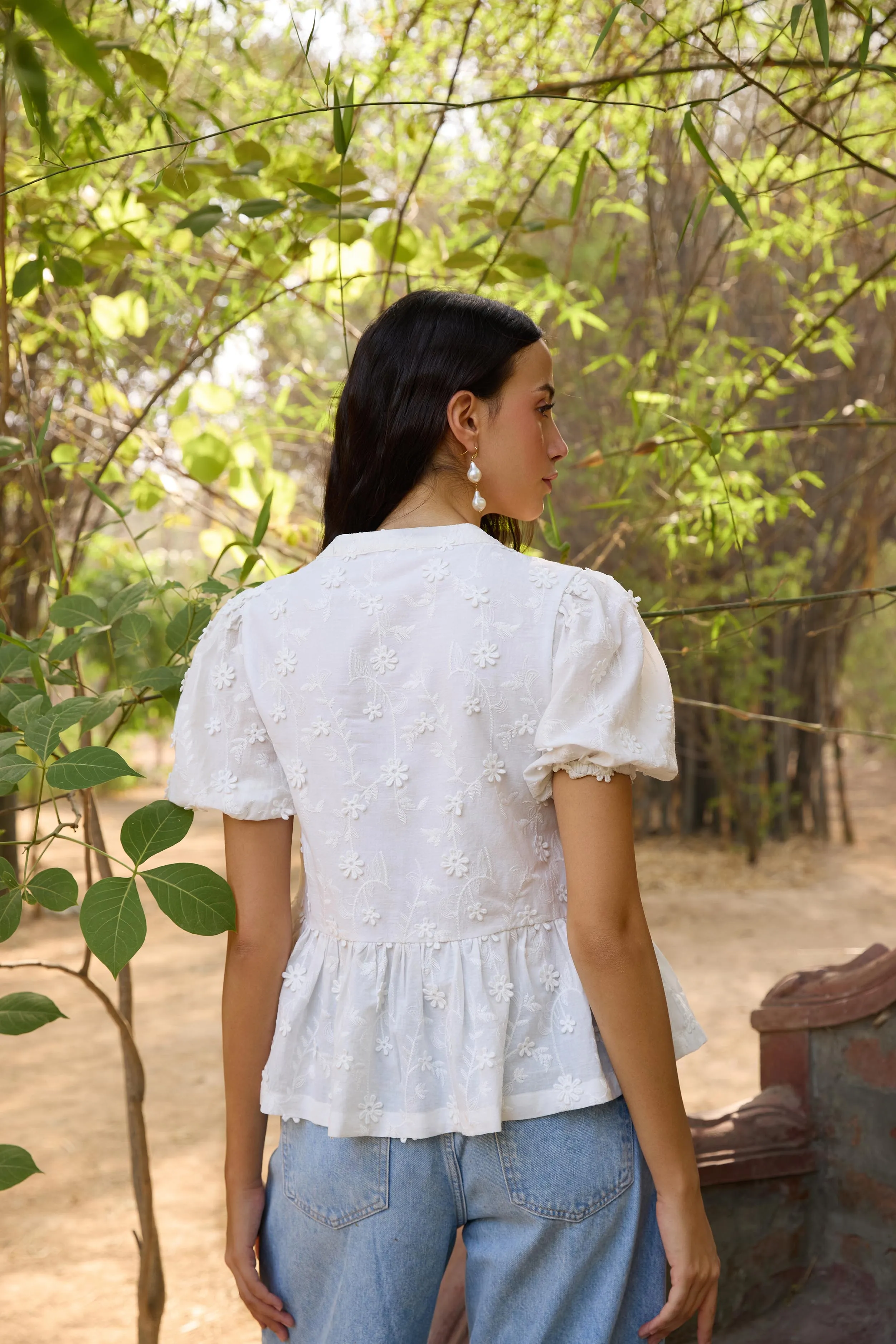 Schiffli Front Tie-up Peplum Top