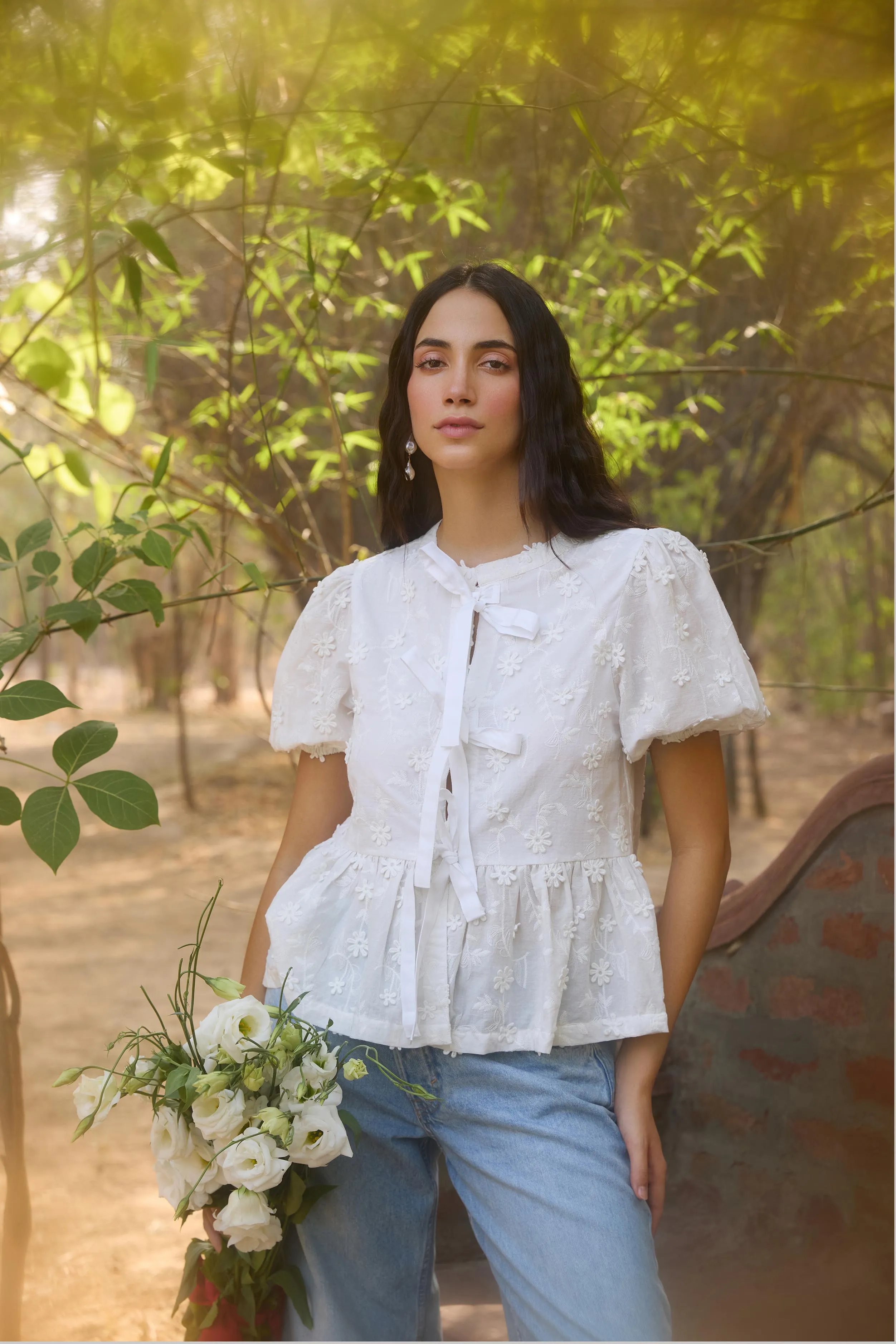 Schiffli Front Tie-up Peplum Top