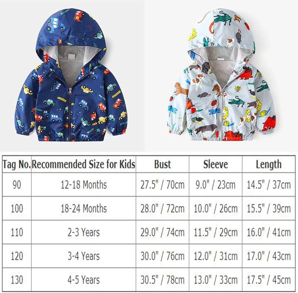 Toddler Baby Boys Cartoon Dinosaur Print Hooded Jacket Long Sleeve Windproof Coats Zip up Trench Windbreaker Outerwear