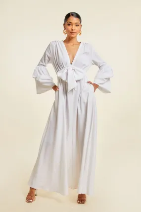 White V Neck Tie Up Maxi Dress
