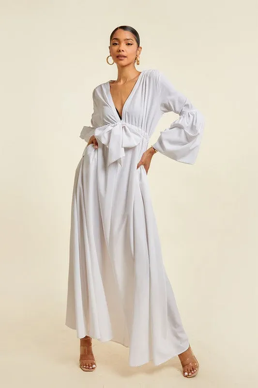 White V Neck Tie Up Maxi Dress
