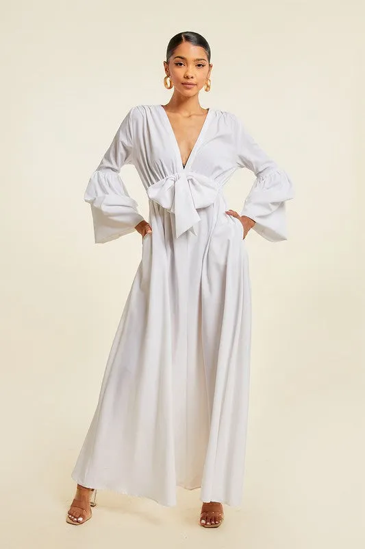 White V Neck Tie Up Maxi Dress